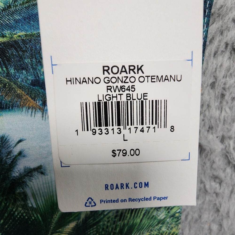 Roark Gonzo Palms Camp Collar Shirt Men Large Hinano Otemanu Vacation Travel NEW - Picture 6 of 14
